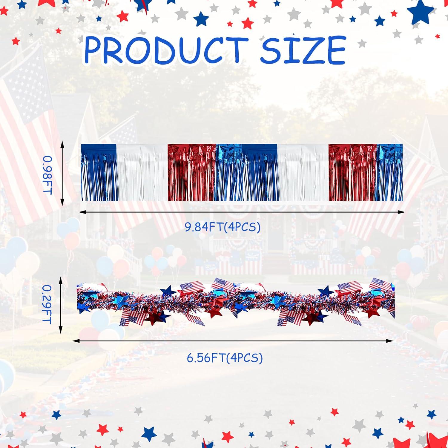 8PC Patriotic Foil Fringe Garland: Red, White, Blue Tinsel Decoration Set