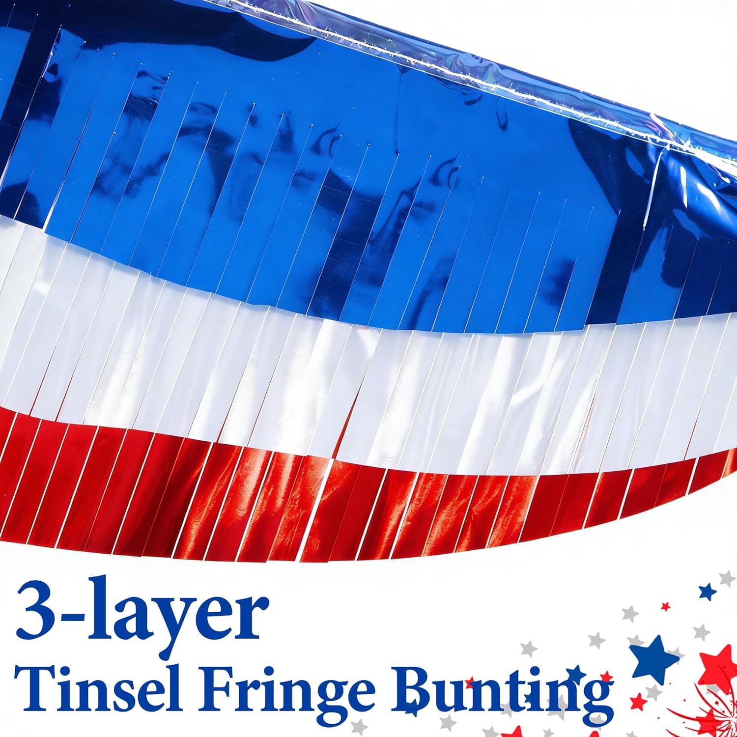Patriotic Foil Fringe Garland: Red, White, Blue Tinsel Streamers for 4th July Decorations