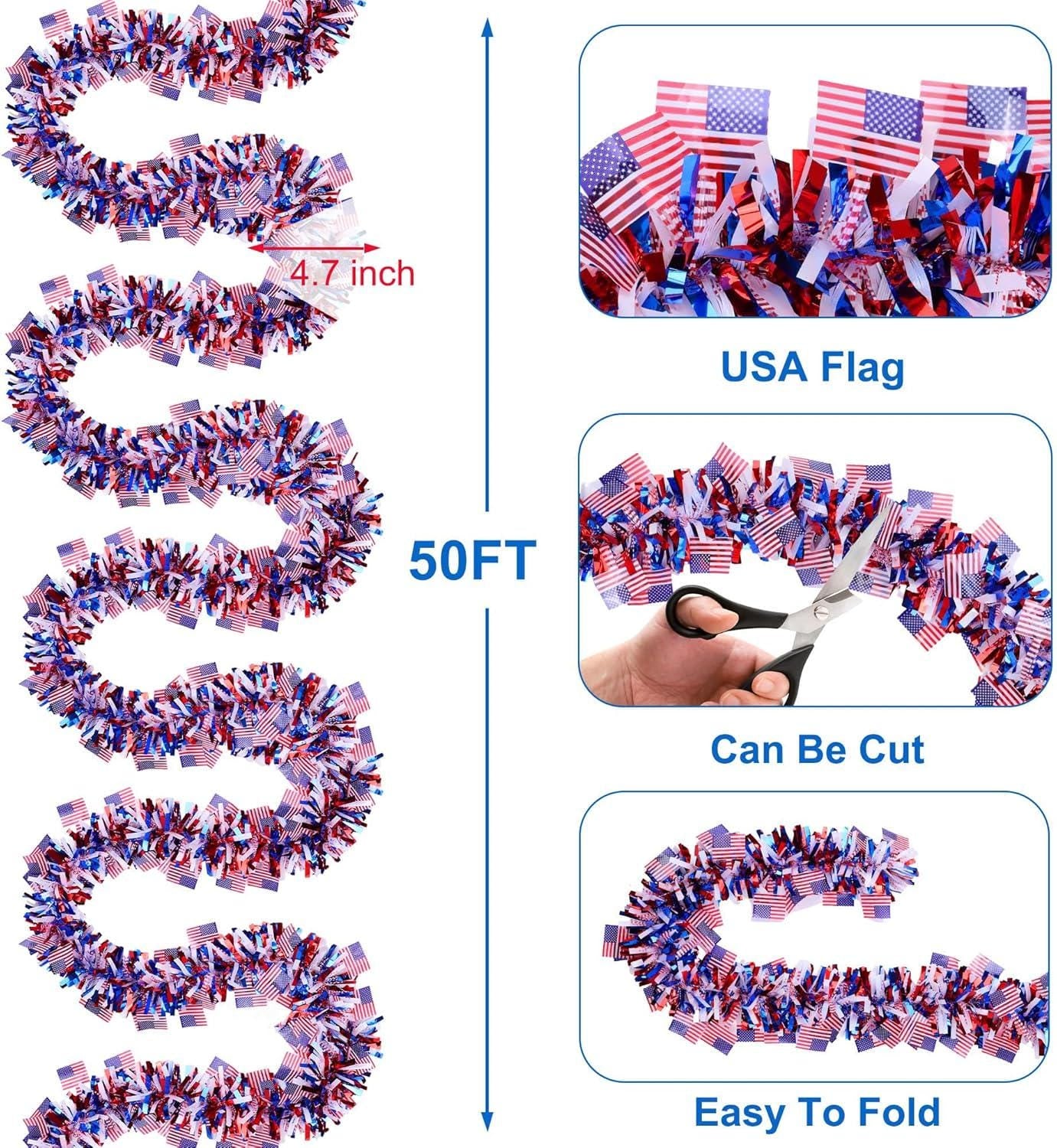 50FT Patriotic American Flag Tinsel Garland Red White Blue 4th of July Decorations