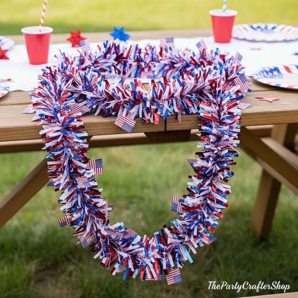 50FT Patriotic American Flag Tinsel Garland Red White Blue 4th of July Decorations