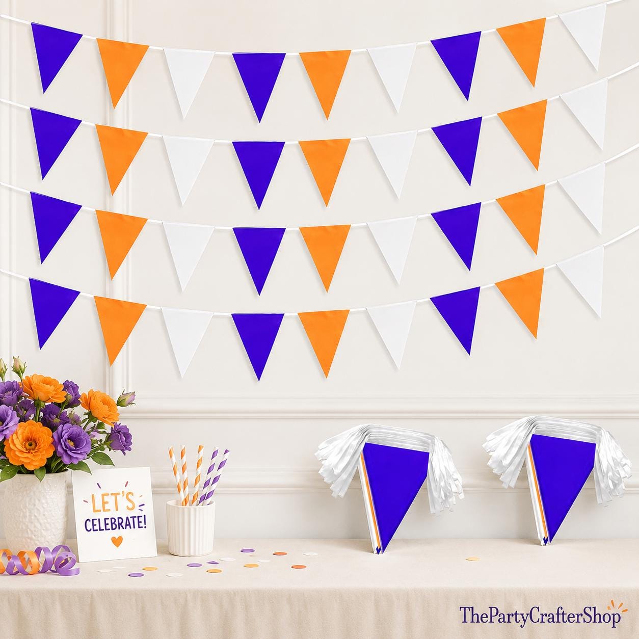 2 Pack Orange Blue White Pennant Banner Flags 60FT Triangle Bunting Party Decorations