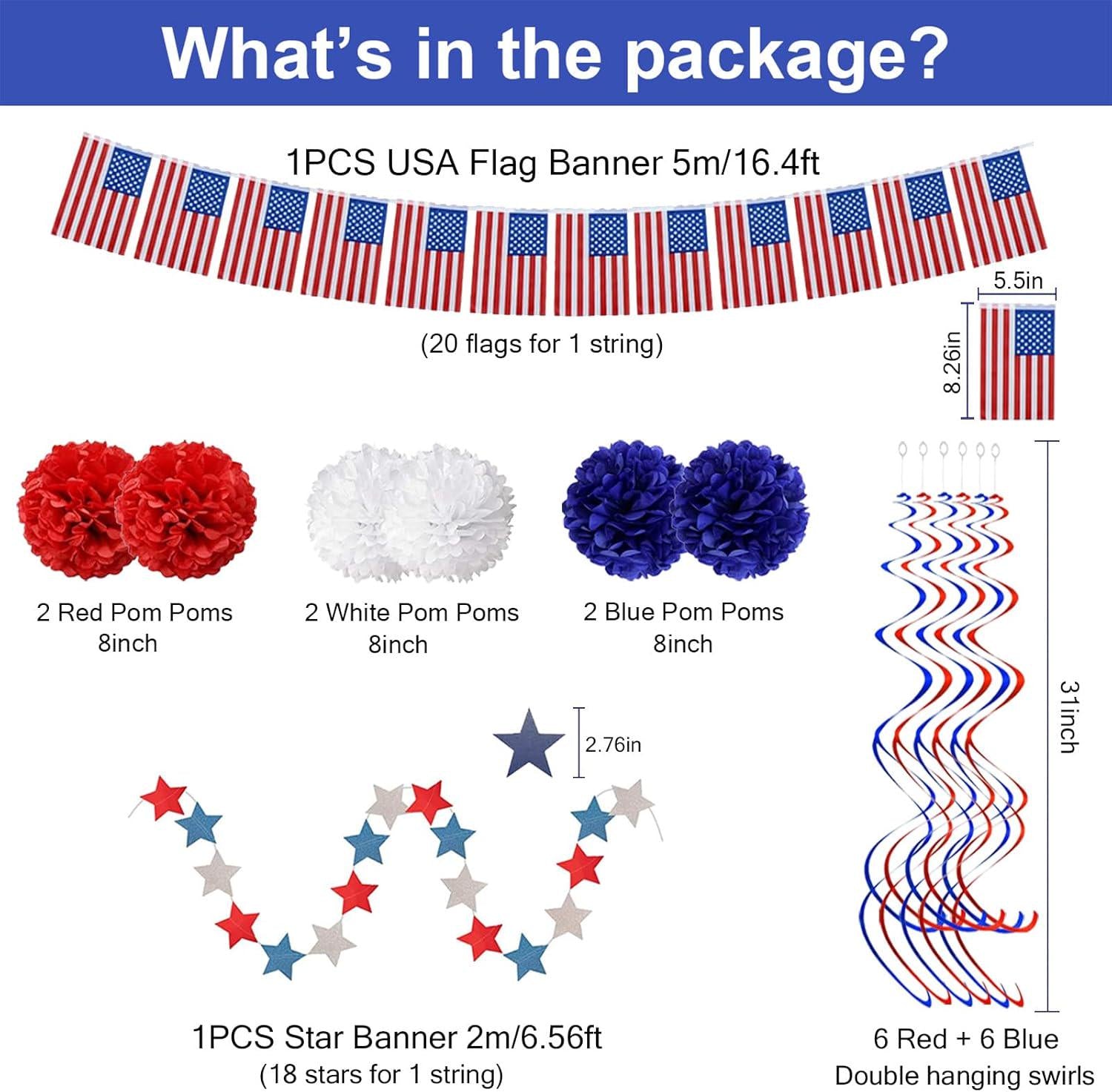 26PCS Patriotic Party Decoration Set USA Flag Banner Paper Fans Pom Poms Hanging Swirls