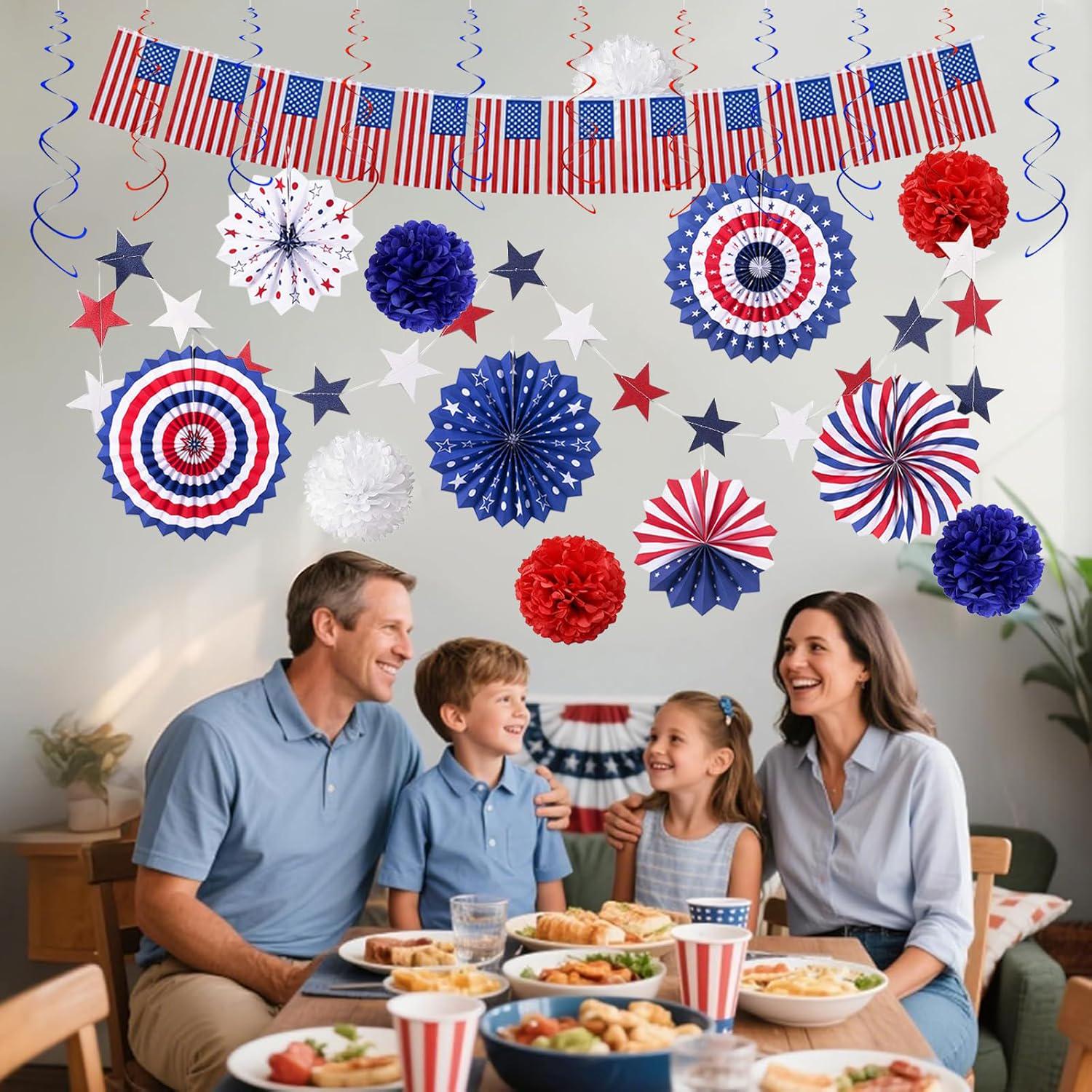 26PCS Patriotic Party Decoration Set USA Flag Banner Paper Fans Pom Poms Hanging Swirls
