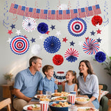 26PCS Patriotic Party Decoration Set USA Flag Banner Paper Fans Pom Poms Hanging Swirls