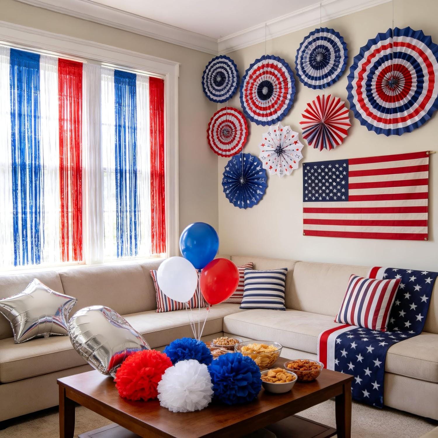 100PCS Patriotic Party Decoration Kit Red White Blue Balloons Fans Banner & Tinsel Set