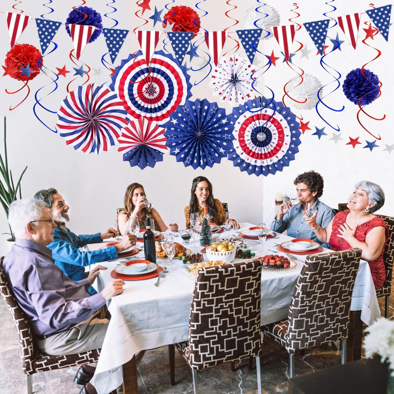 27PCS Patriotic Party Decoration Set USA Flag Banner Paper Fans Flower Balls & Swirls