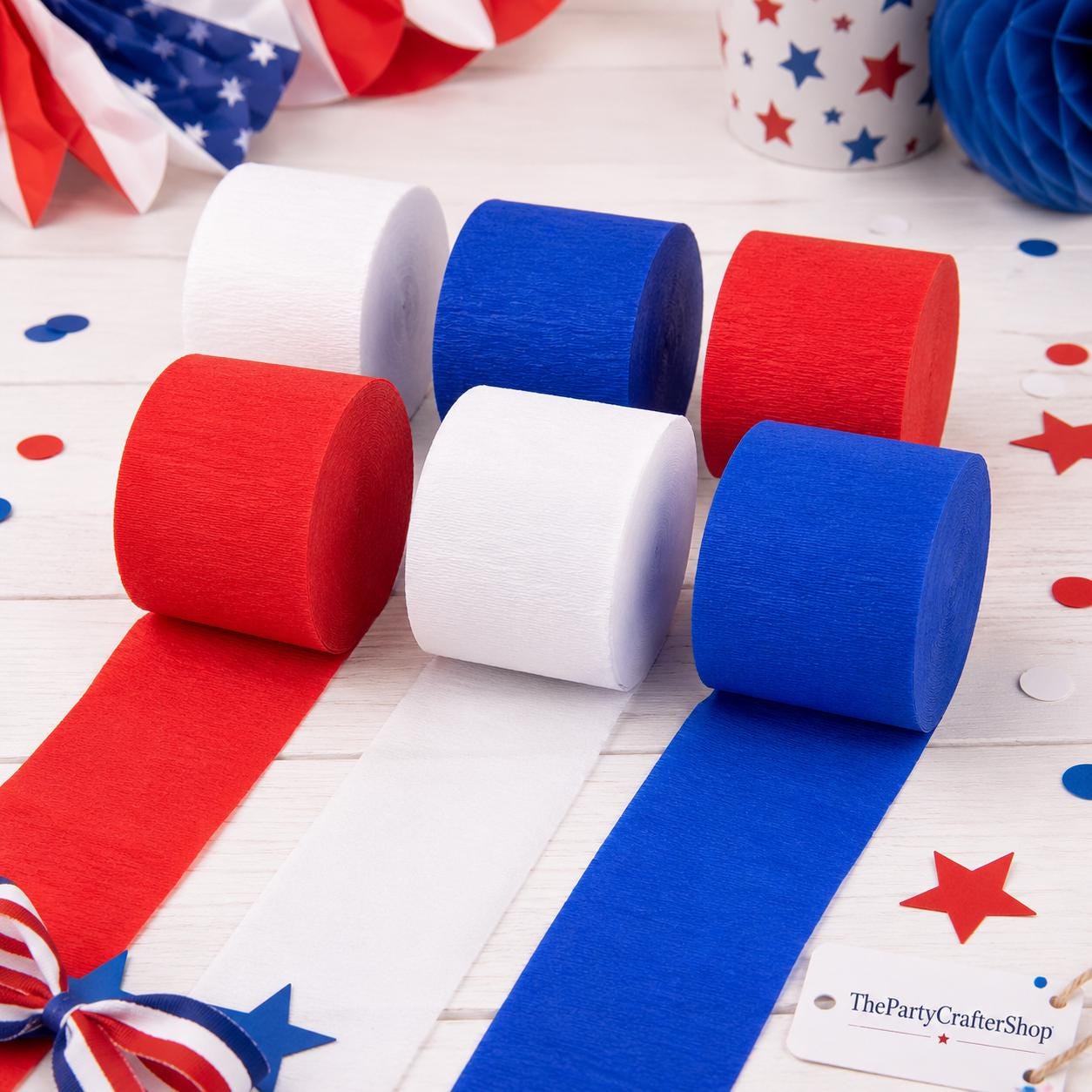 6 Rolls Patriotic Crepe Paper Streamers 492FT Red White Blue Party Decorations