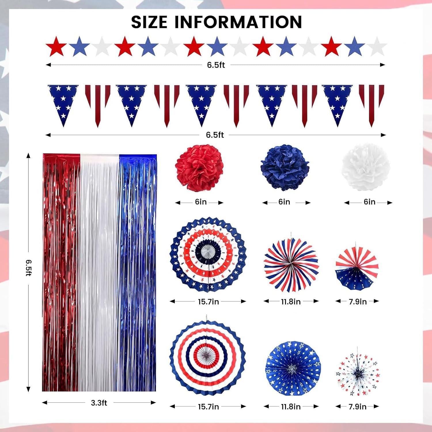 Patriotic Party Decoration Kit USA Flag Banner Paper Fans Star Streamers & Fringe Curtain