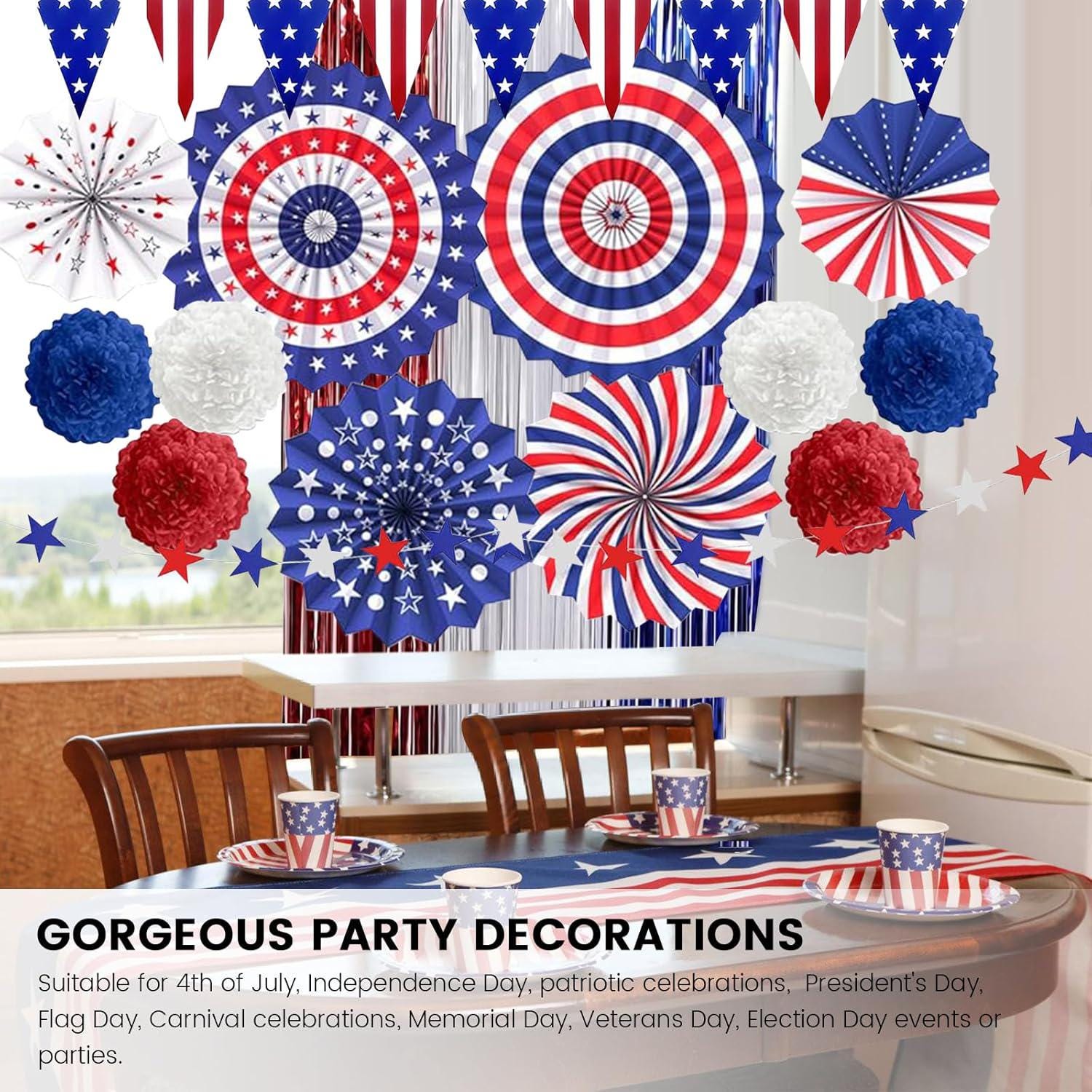 Patriotic Party Decoration Kit USA Flag Banner Paper Fans Star Streamers & Fringe Curtain