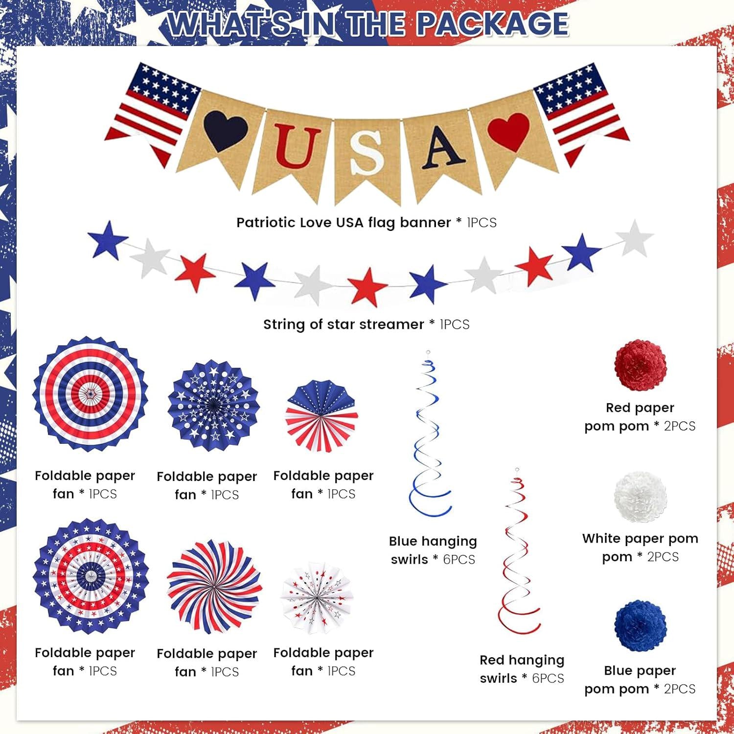 Patriotic Love USA Party Decoration Kit Paper Fans Pom Poms Star Streamers & Swirls