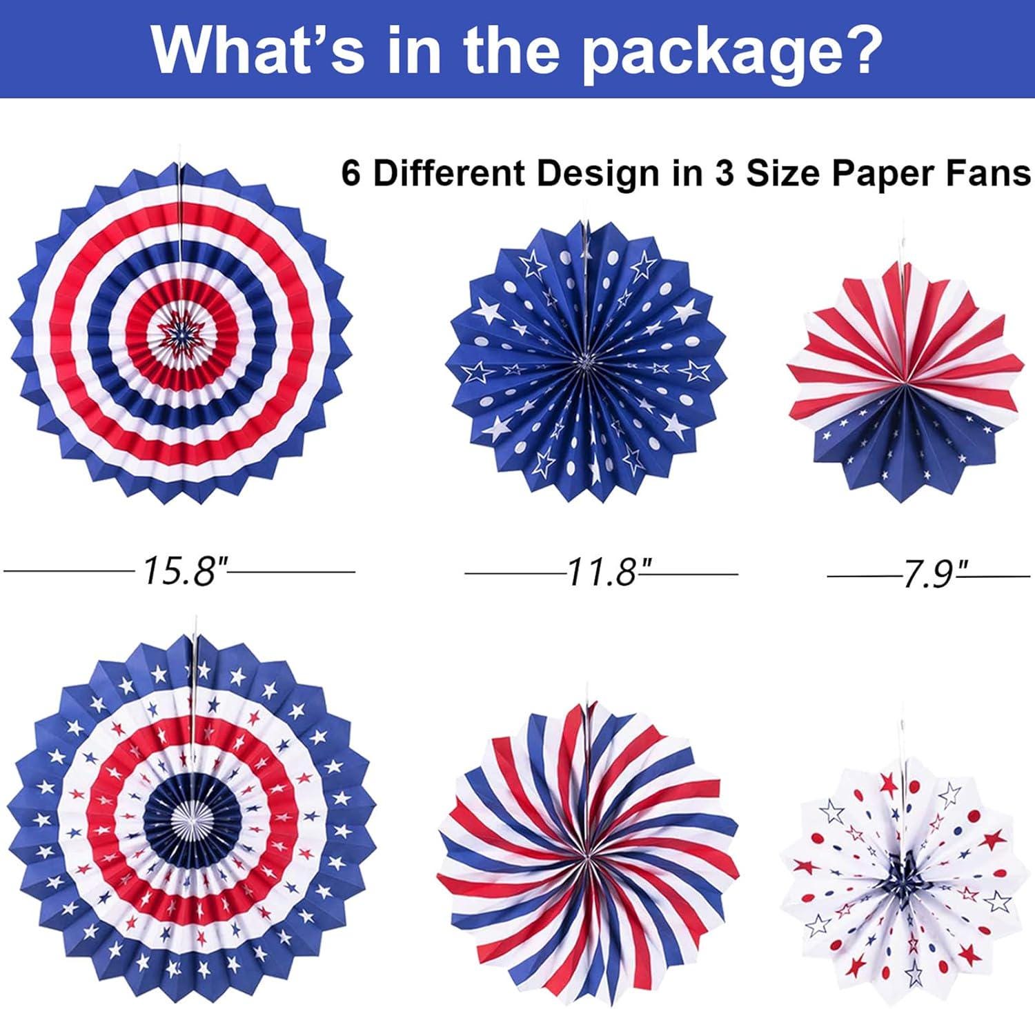 9PCS Patriotic Party Decoration Set Paper Fans USA Pennant Banner Star Streamers & Tablecloth
