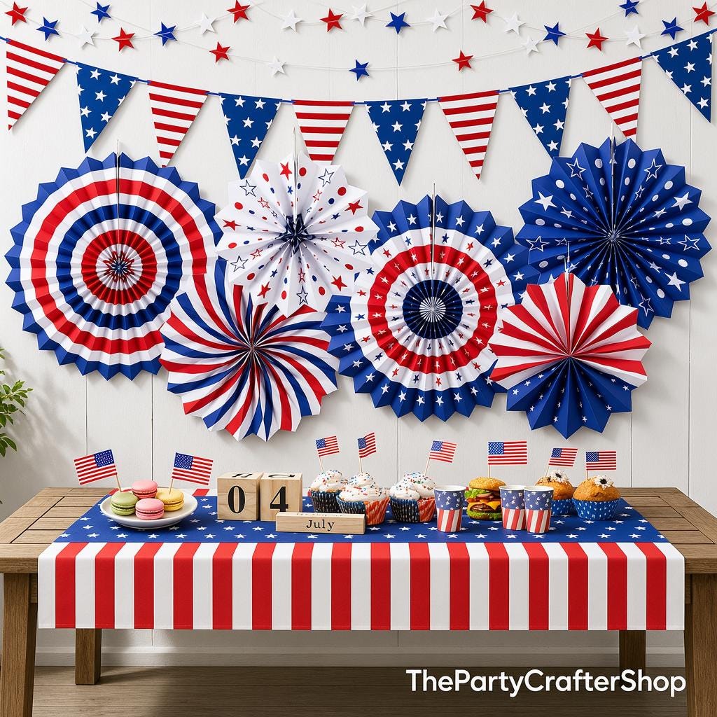 9PCS Patriotic Party Decoration Set Paper Fans USA Pennant Banner Star Streamers & Tablecloth