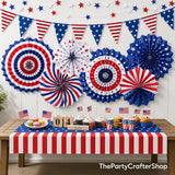 9PCS Patriotic Party Decoration Set Paper Fans USA Pennant Banner Star Streamers & Tablecloth