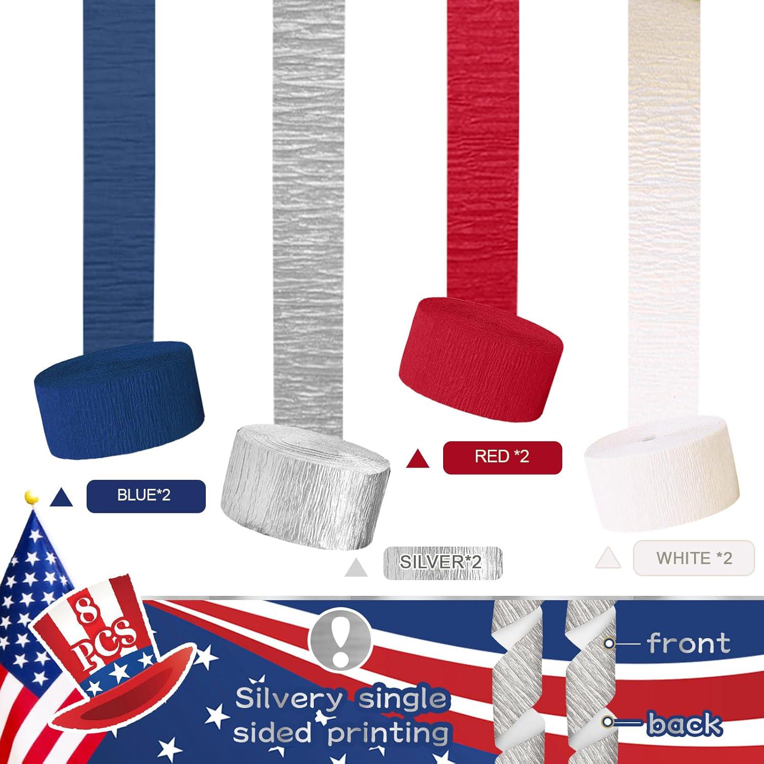8 Rolls Patriotic Crepe Paper Streamers Red White Blue 250th Anniversary Party Decorations