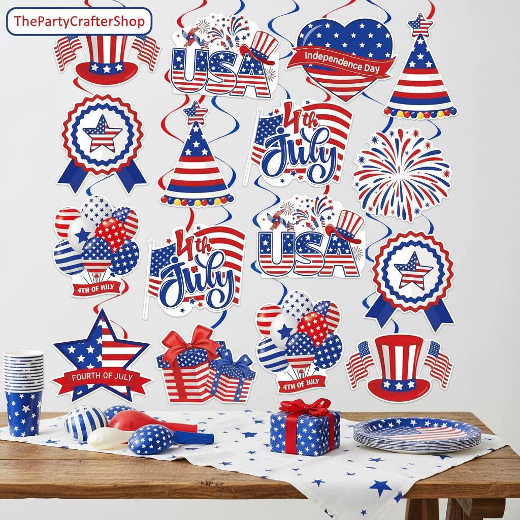 40PCS Patriotic Hanging Swirl Decorations Double Sided 4th of July Ceiling Streamers