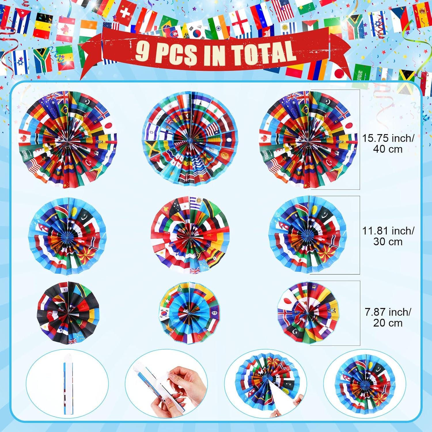 11PCS International World Flags Party Decorations Paper Fans Porch Banner Multicultural Event Decor