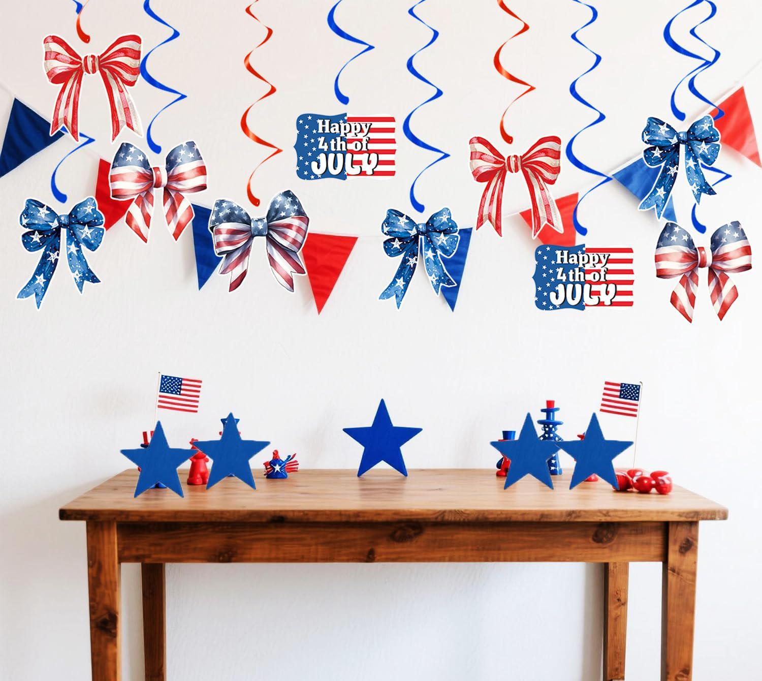 Patriotic Hanging Swirl Decorations: Red, White, Blue Bow Accents for 4th of July Party