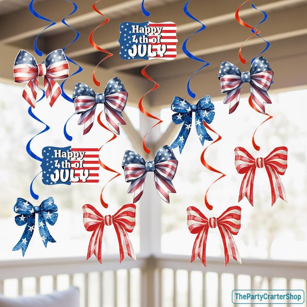 Patriotic Hanging Swirl Decorations: Red, White, Blue Bow Accents for 4th of July Party