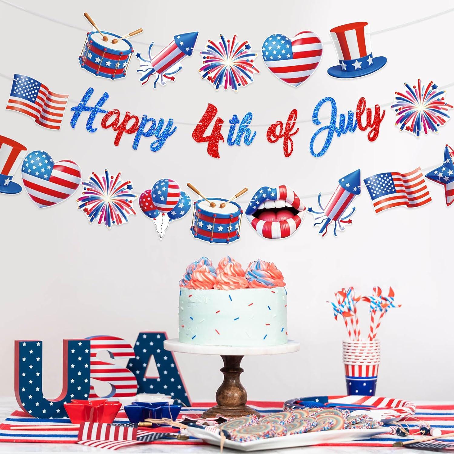 3PCS Happy 4th of July Banner Garland Red White Blue Patriotic Party Decorations