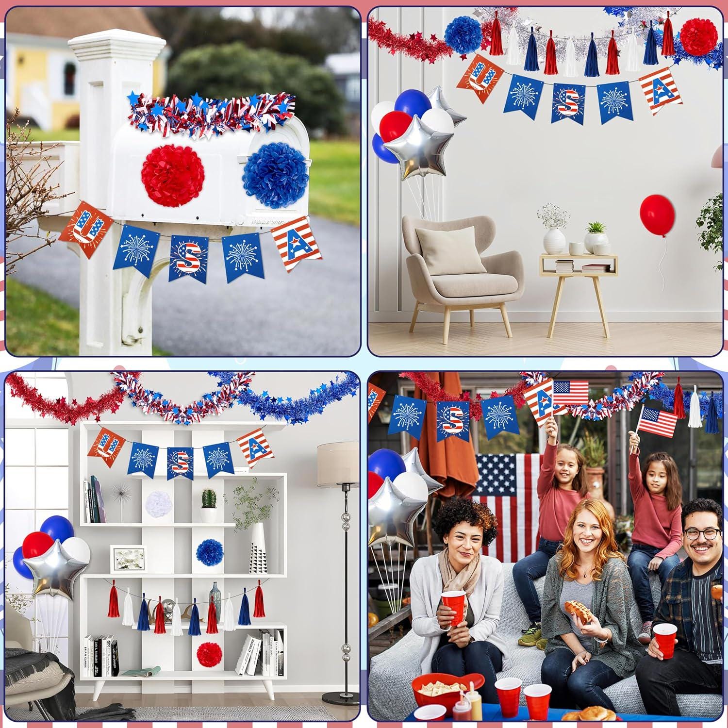 21PCS 4th of July Decoration Kit Tinsel Garlands Balloons & USA Flags