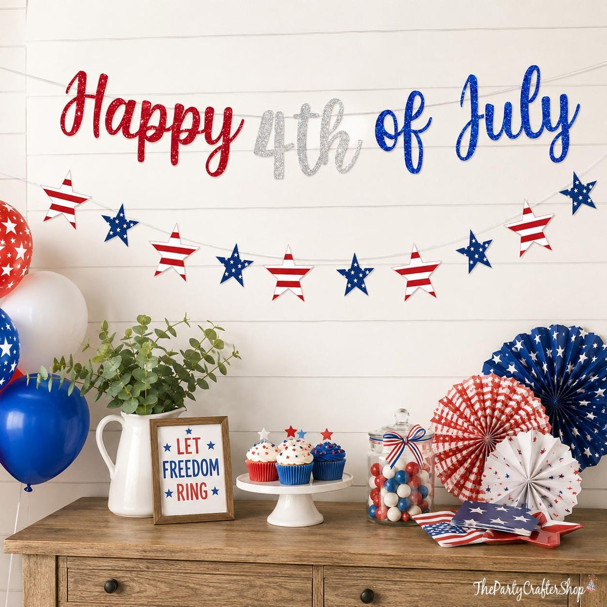 2PCS Happy 4th of July Glitter Star Banner Red Blue Silver Patriotic Garland Decorations