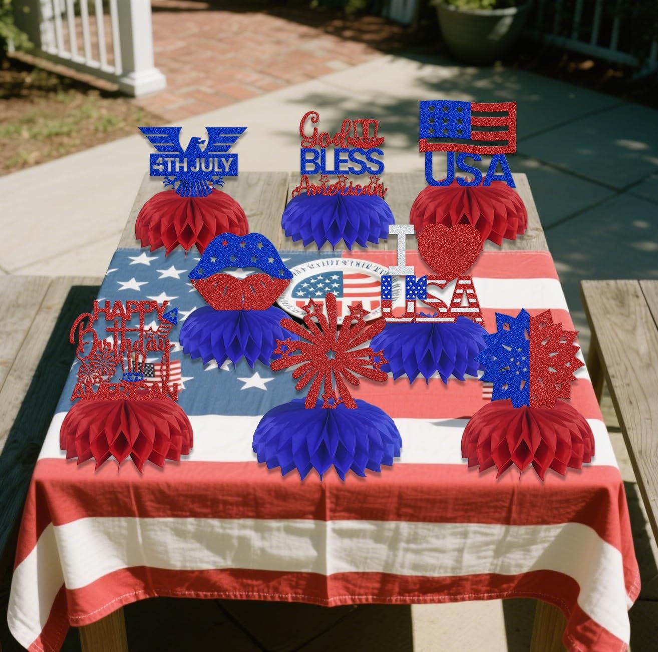 8PCS Happy Independence Day Honeycomb Centerpieces Red Blue White Patriotic Table Decorations