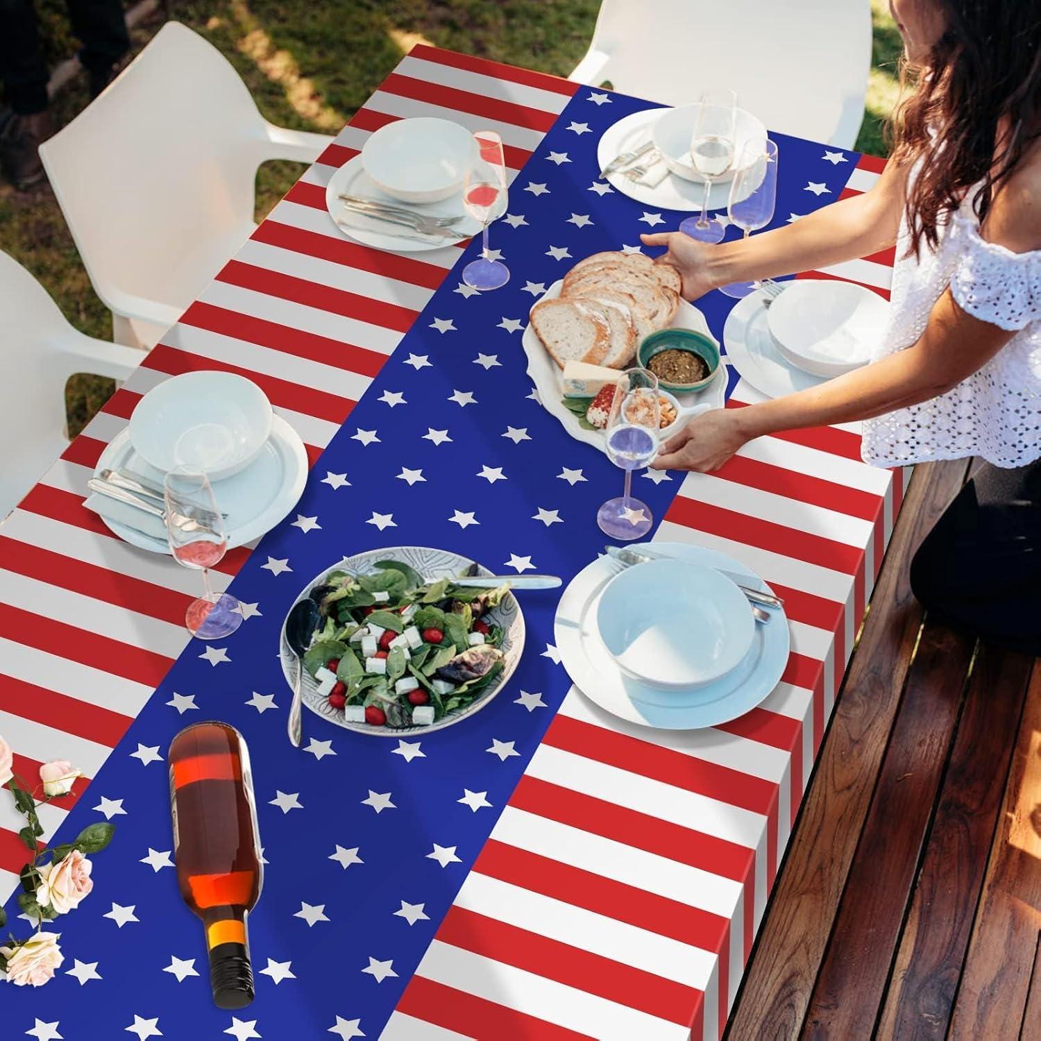 2 Pack American Flag Tablecloths 54 x 108 Inch Patriotic Disposable Party Table Covers