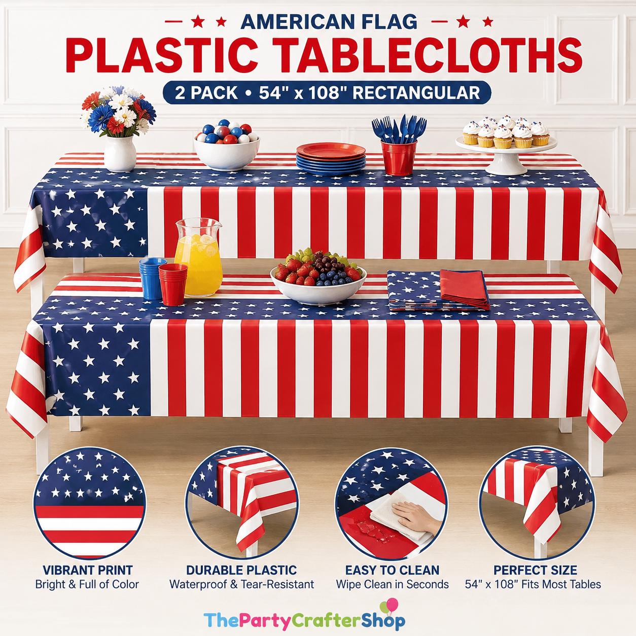 2 Pack American Flag Tablecloths 54 x 108 Inch Patriotic Disposable Party Table Covers