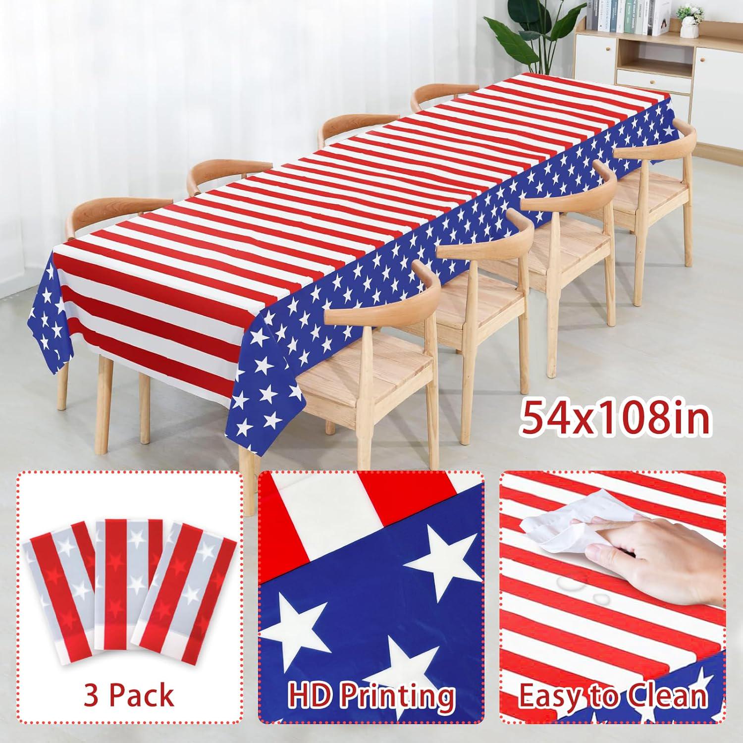 3 Pack American Flag Tablecloths 54x108 Inch Patriotic Disposable Party Table Covers