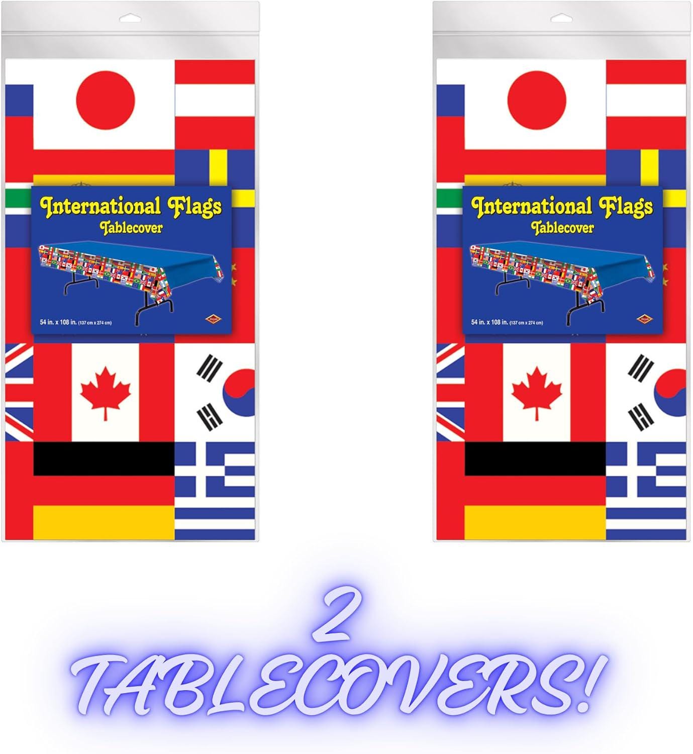2 Pack International World Flags Tablecloths 54x108 Inch Multicultural Party Table Covers