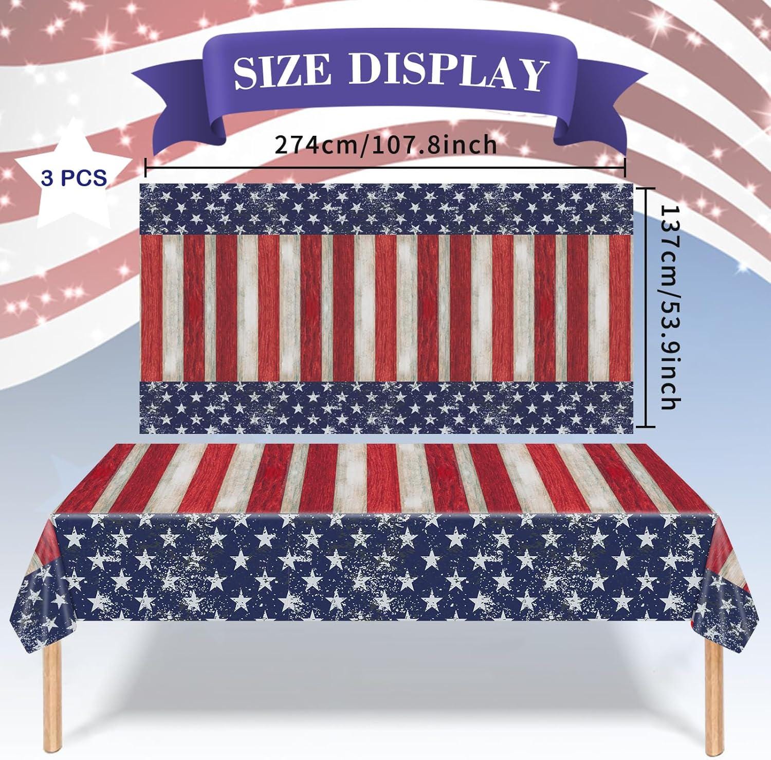 3 Pack Vintage American Flag Tablecloths 54x108 Inch Patriotic Disposable Party Covers