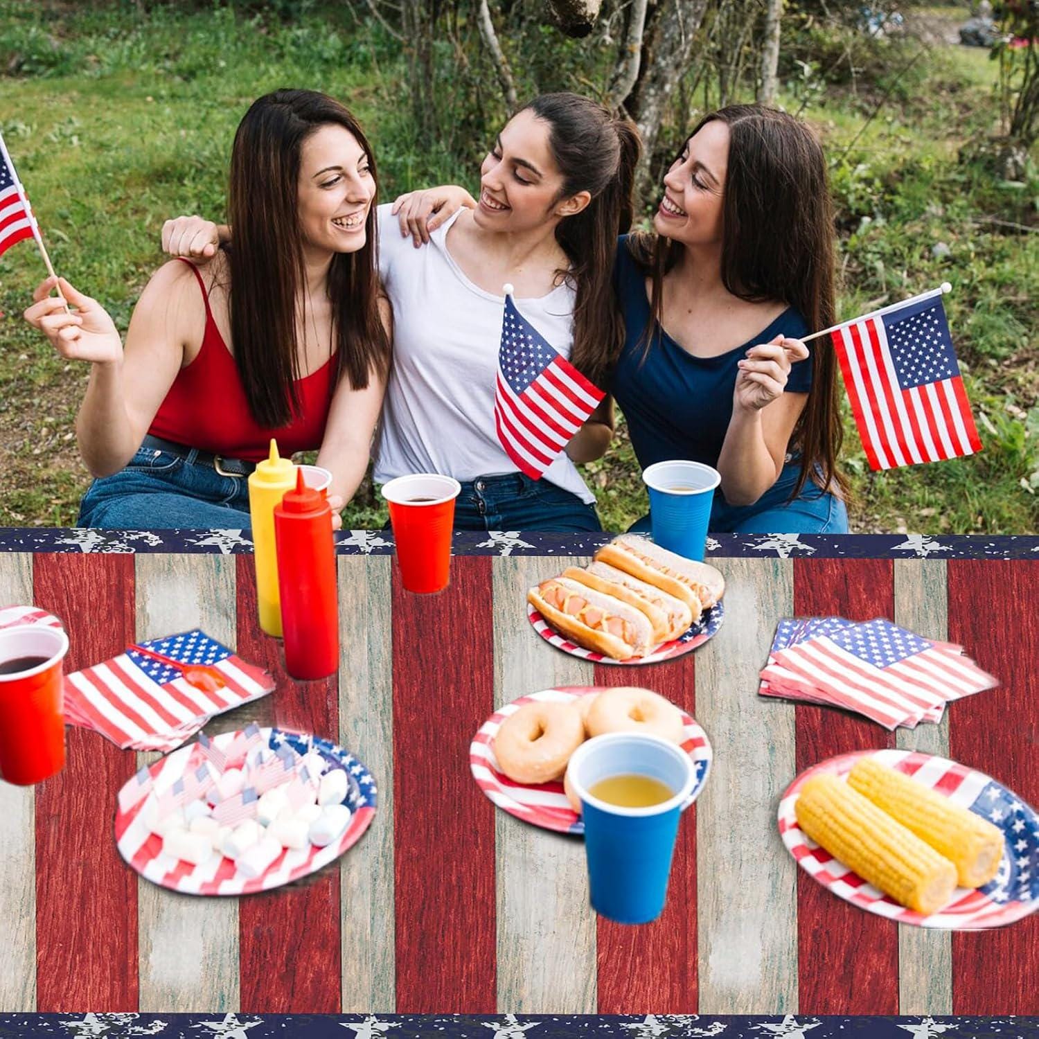 3 Pack Vintage American Flag Tablecloths 54x108 Inch Patriotic Disposable Party Covers