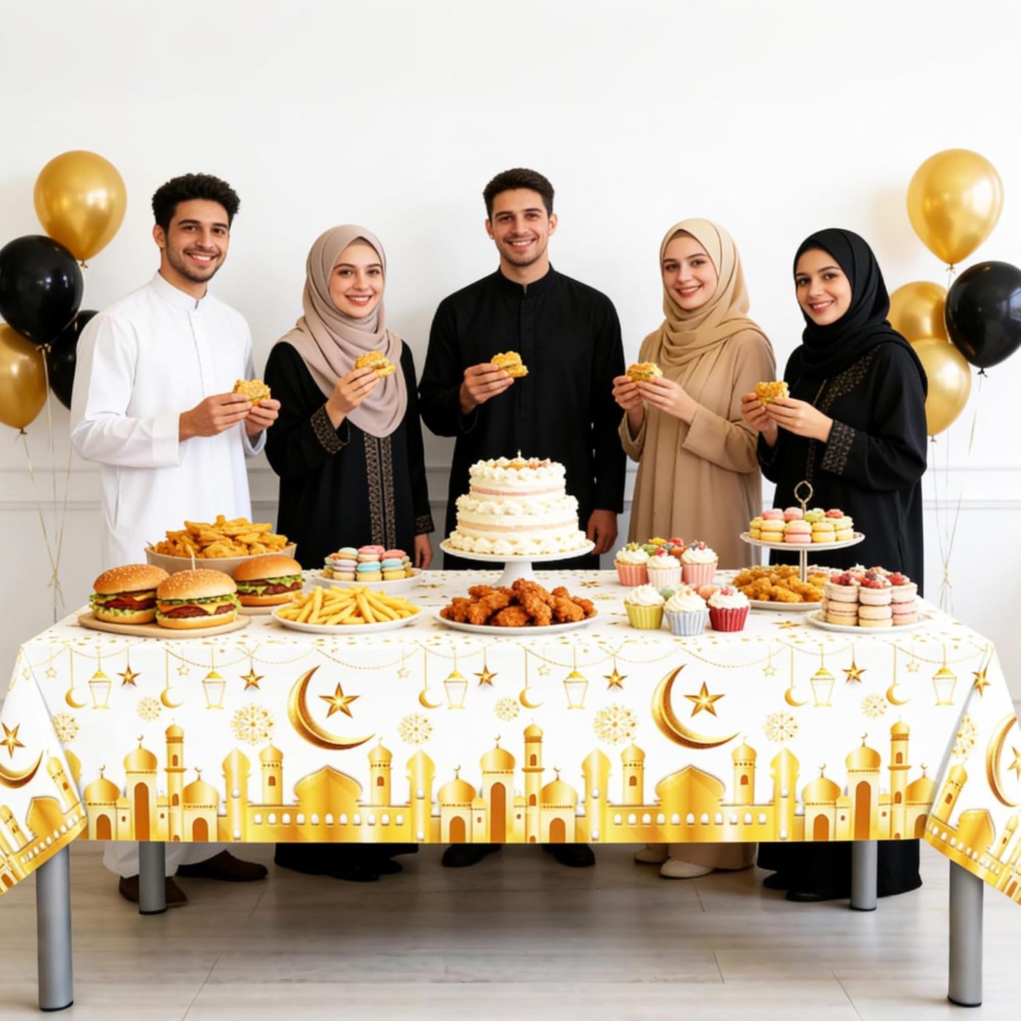 Eid Mubarak Tablecloth Set | Gold Crescent Moon Mosque Design (2 Pcs, 54x108 Inch)