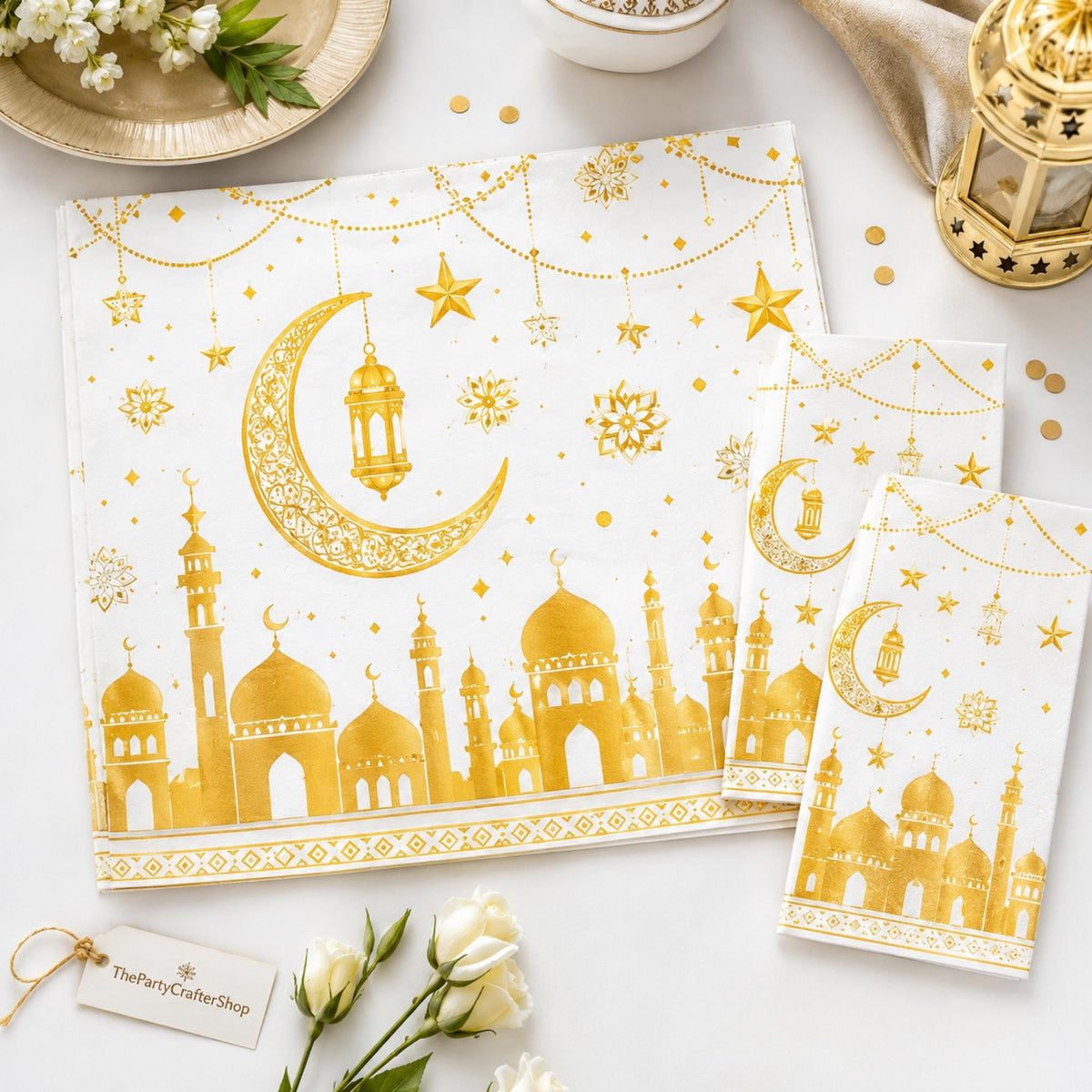 Eid Mubarak Tablecloth Set | Gold Crescent Moon Mosque Design (2 Pcs, 54x108 Inch)
