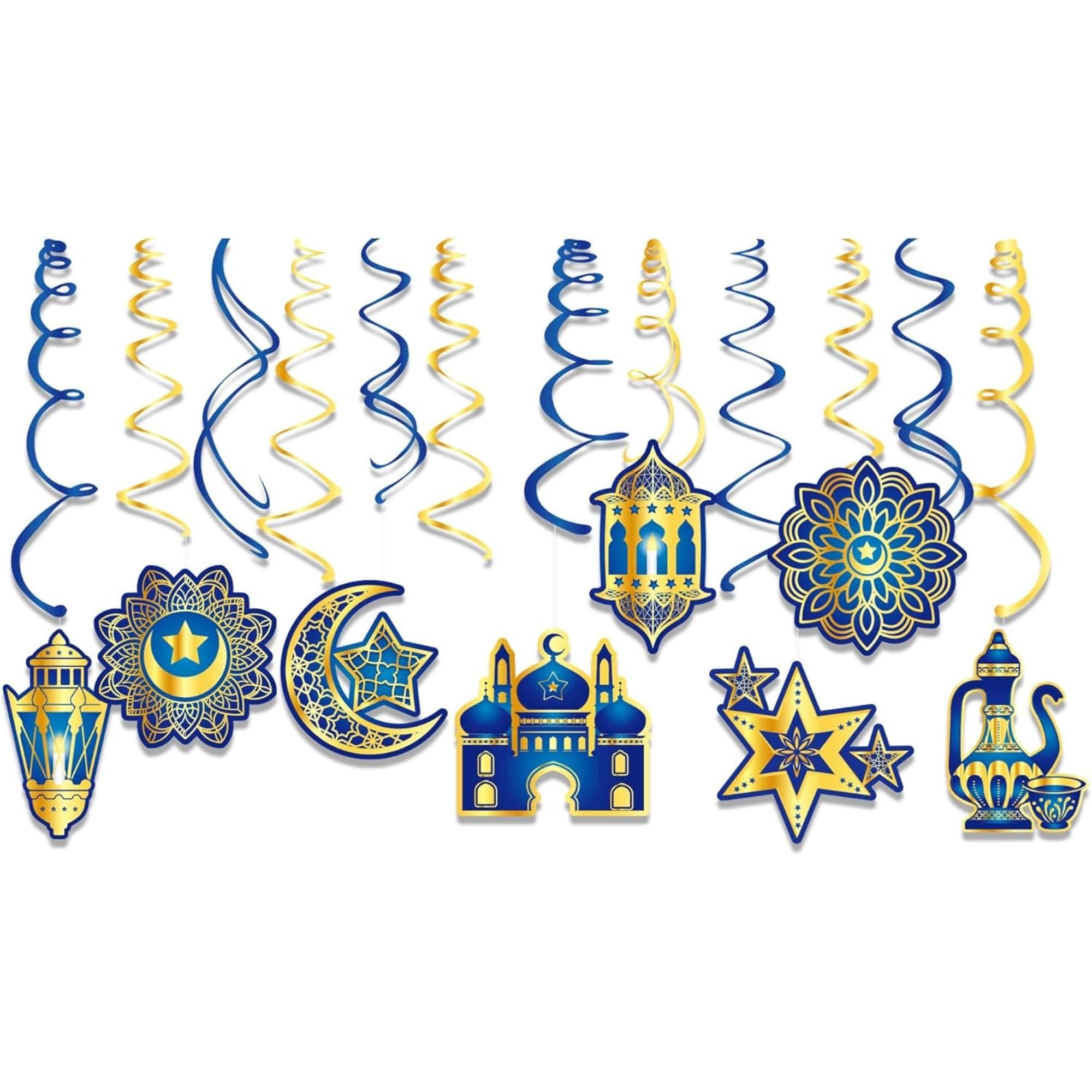 Eid Mubarak Hanging Swirls | Blue Gold Moon Star Islamic Party Decorations (15 Pack)