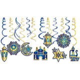 Eid Mubarak Hanging Swirls | Blue Gold Moon Star Islamic Party Decorations (15 Pack)