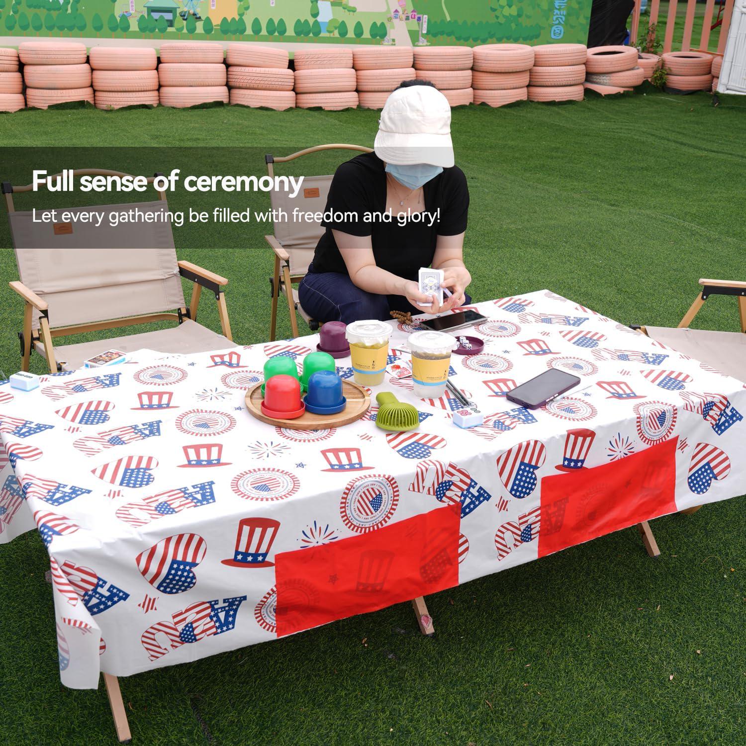 3 Pack Patriotic USA Flag Tablecloths with Storage Pockets Disposable Party Covers