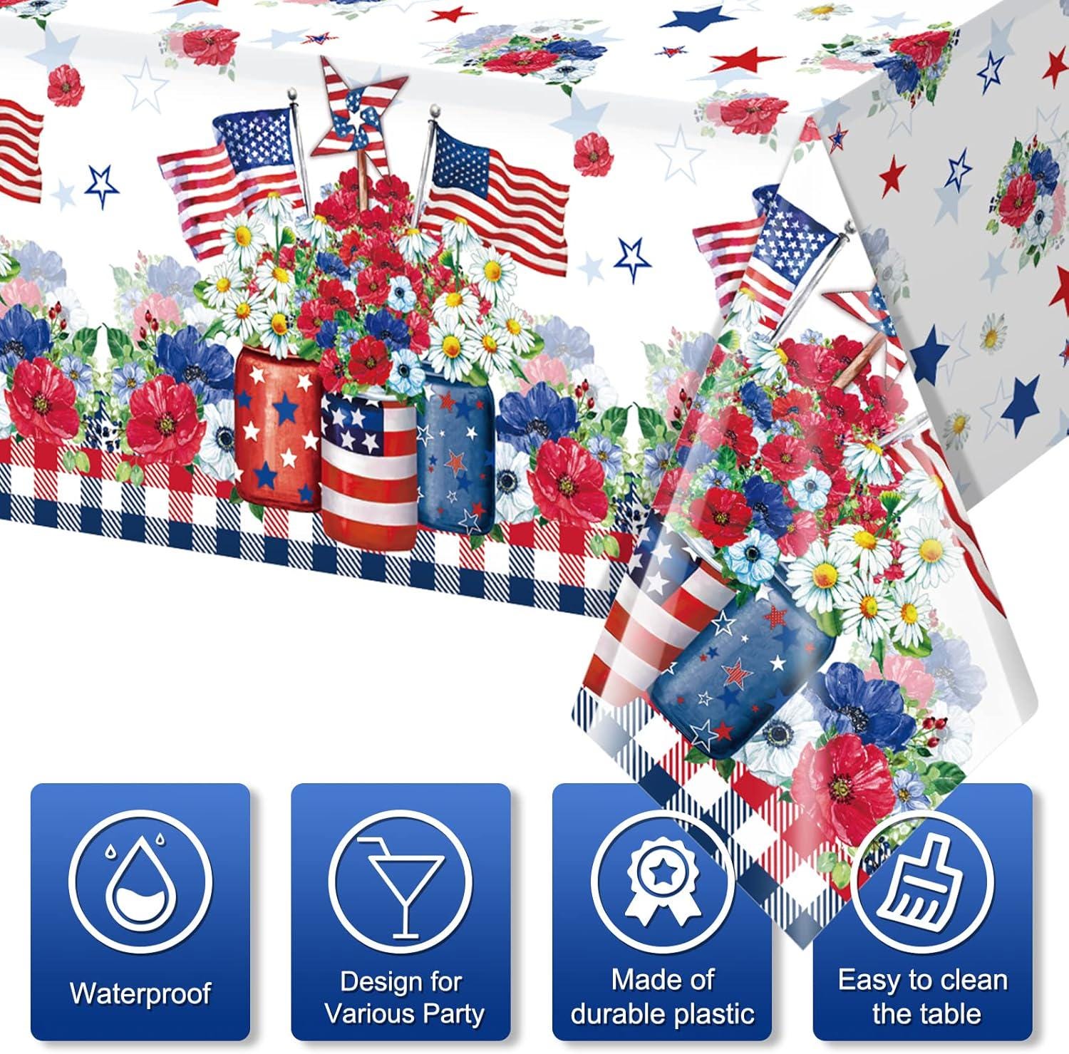 3 Pack Patriotic Tablecloths 54x108 Inch Red White Blue USA Party Table Covers