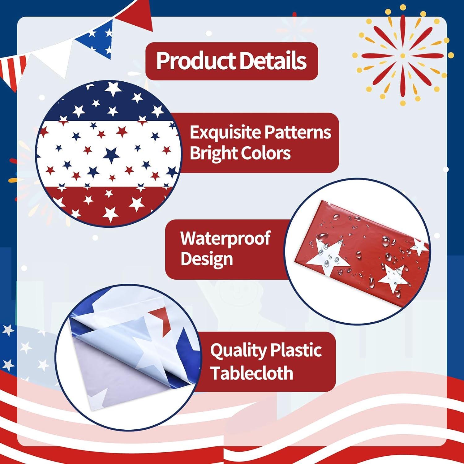 3 Pack Patriotic Stars Tablecloths 54x108 Inch Disposable USA Party Table Covers