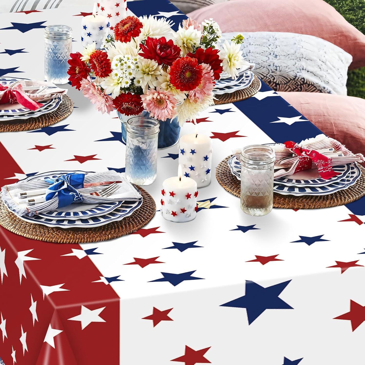 3 Pack Patriotic Stars Tablecloths 54x108 Inch Disposable USA Party Table Covers