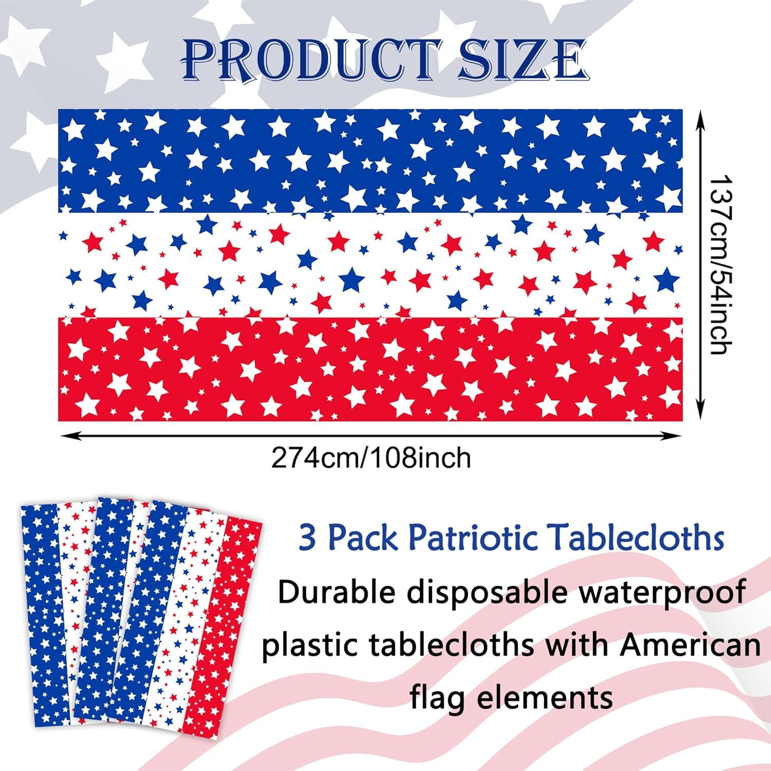 3 Pack Patriotic Stars & Stripes Tablecloths 54x108 Inch Disposable 4th of July Party Covers