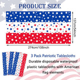 3 Pack Patriotic Stars & Stripes Tablecloths 54x108 Inch Disposable 4th of July Party Covers