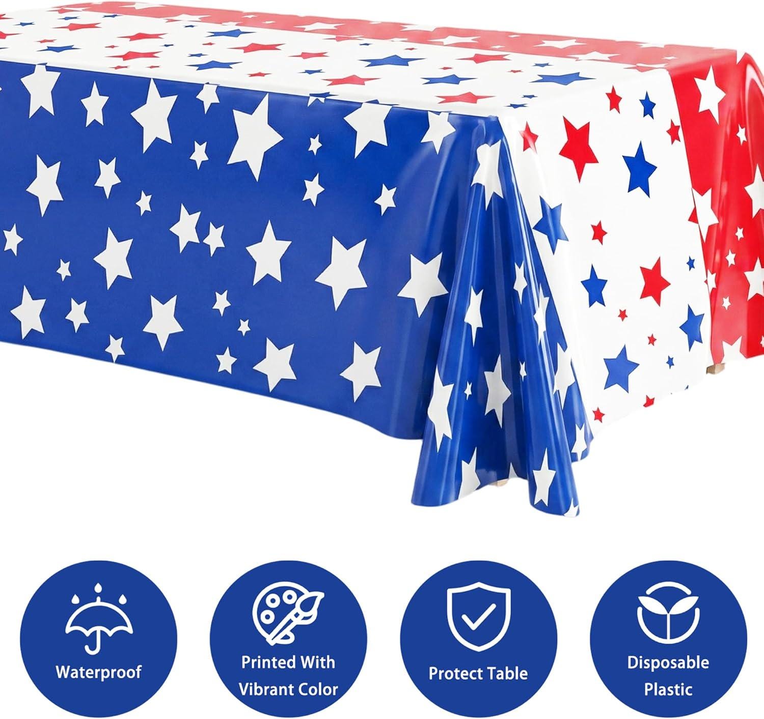 3 Pack Patriotic Stars & Stripes Tablecloths 54x108 Inch Disposable 4th of July Party Covers