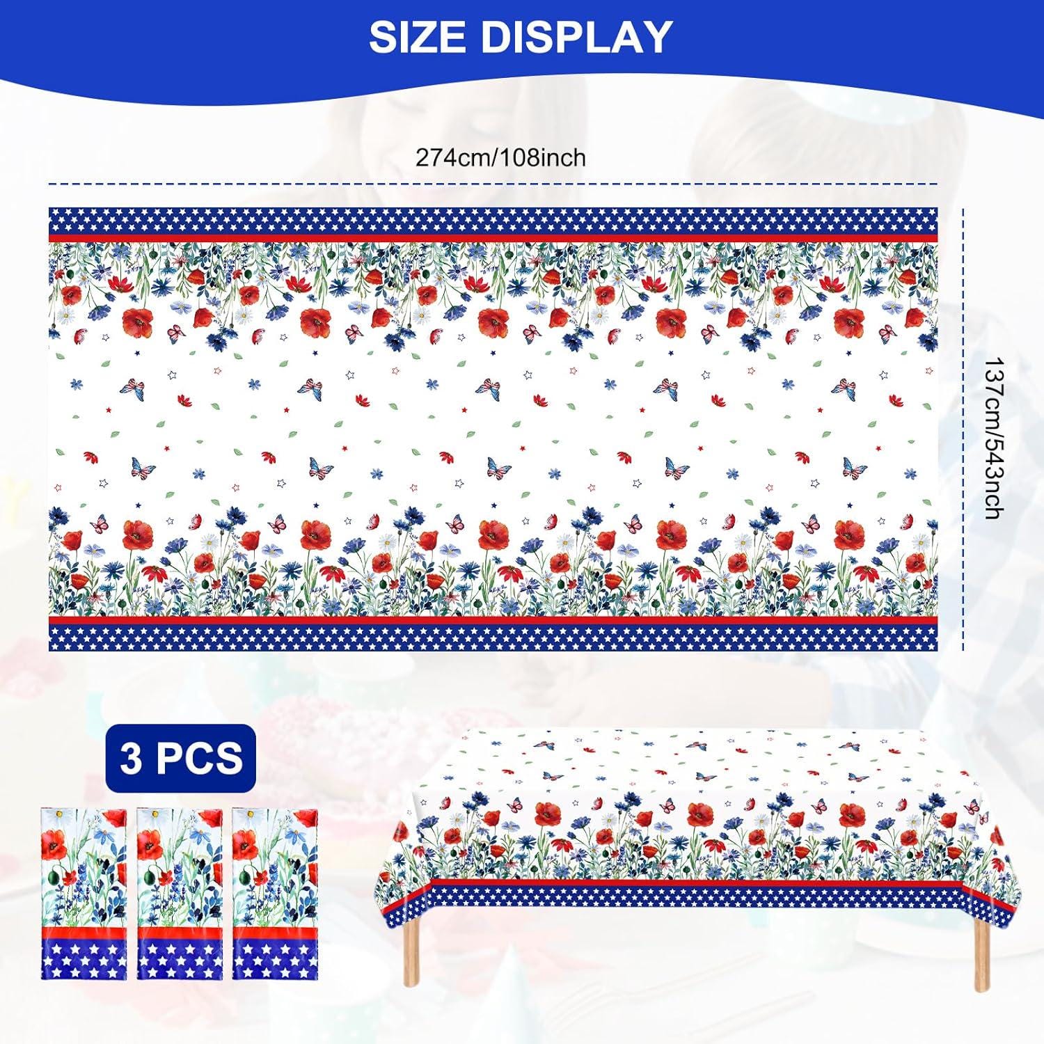 3 Pack Patriotic Wildflower Tablecloths 54x108 Inch Disposable 4th of July Party Covers