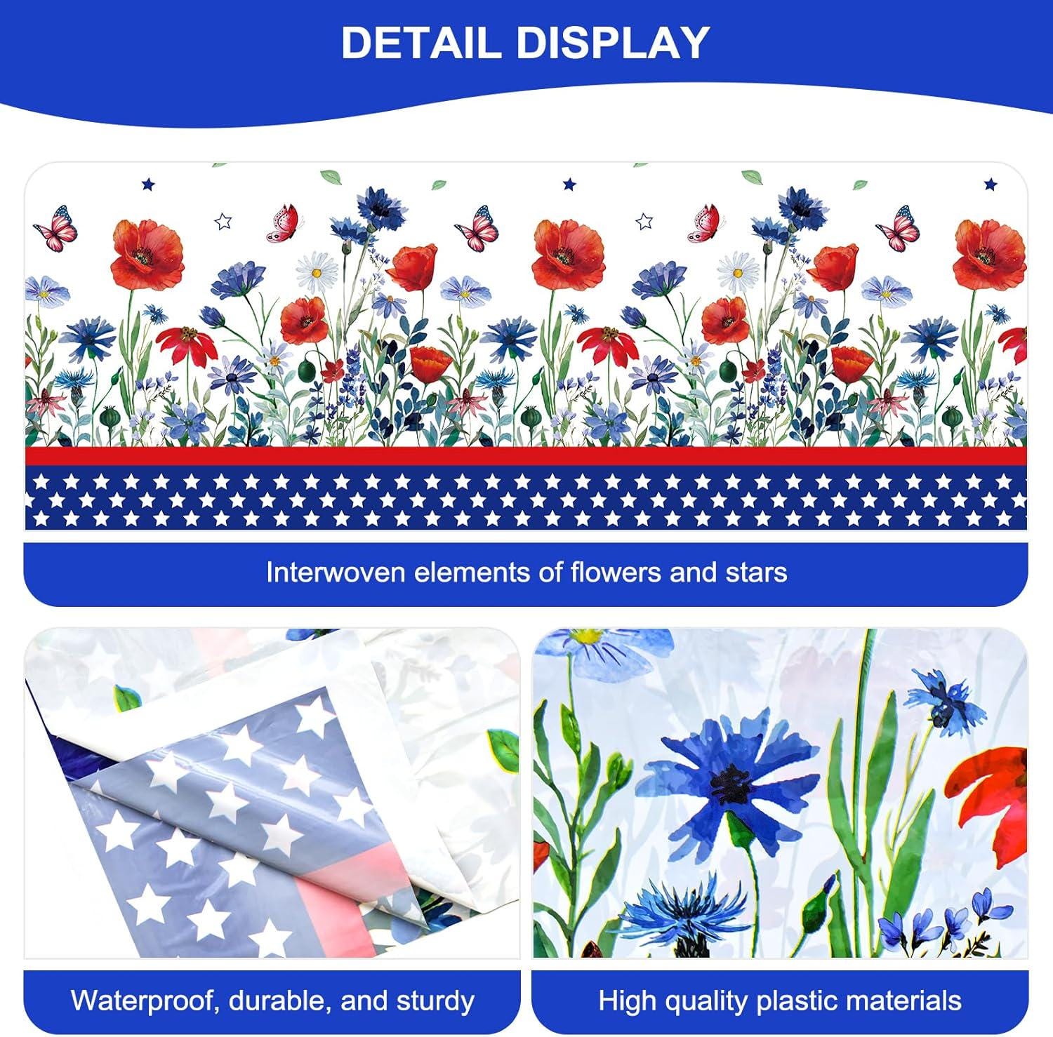 3 Pack Patriotic Wildflower Tablecloths 54x108 Inch Disposable 4th of July Party Covers