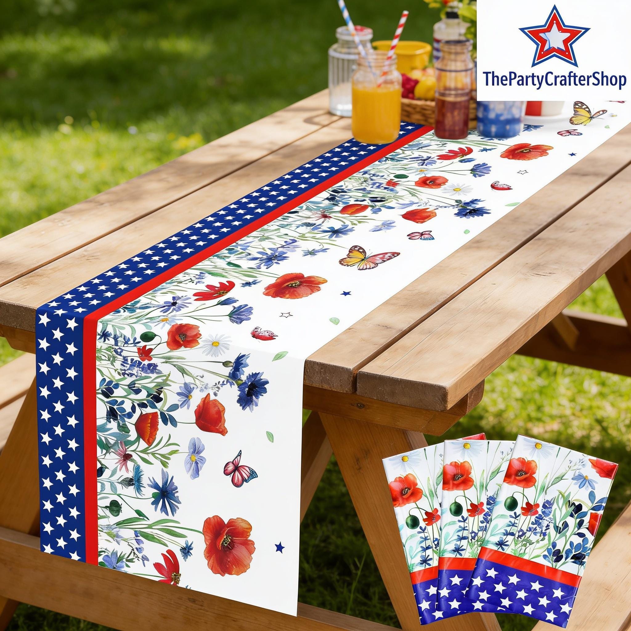 3 Pack Patriotic Wildflower Tablecloths 54x108 Inch Disposable 4th of July Party Covers
