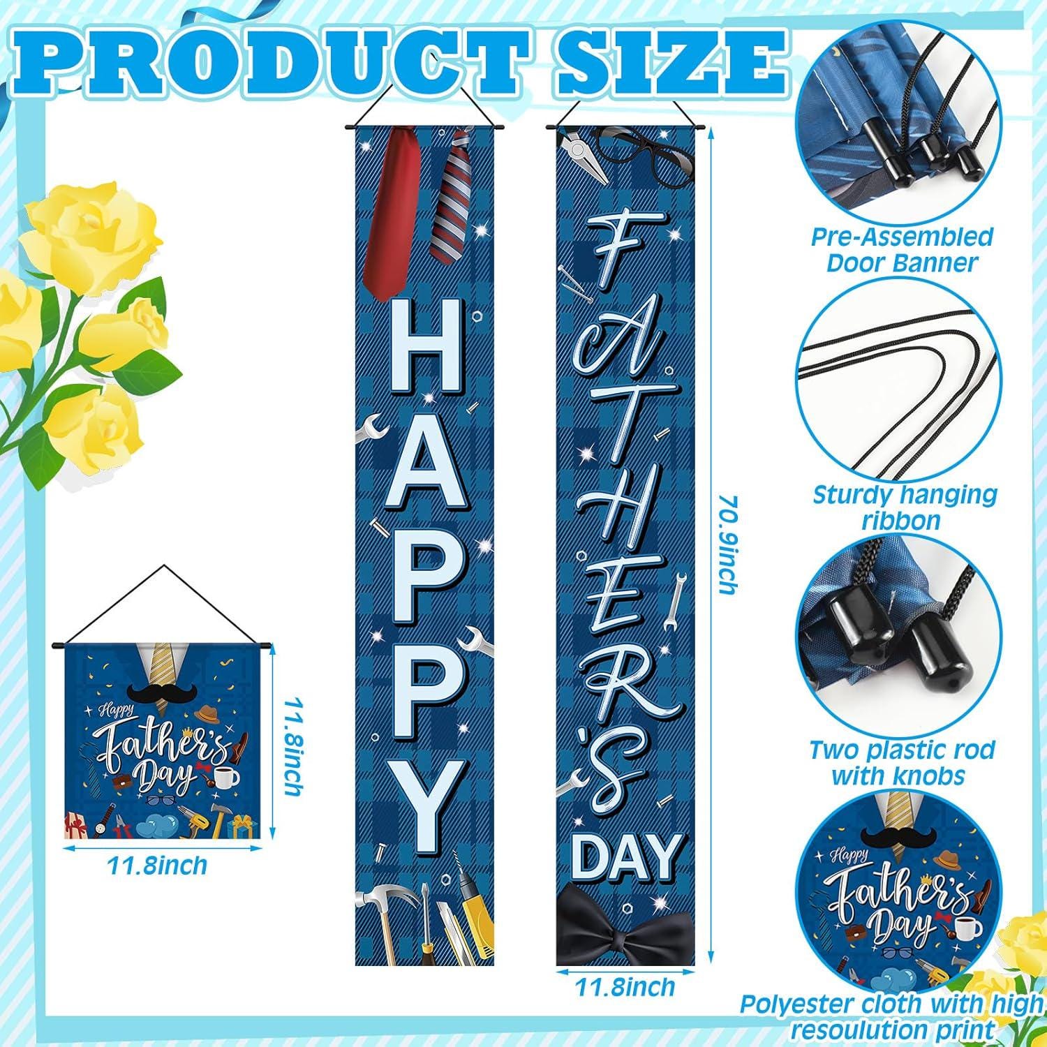 3PCS Happy Father's Day Porch Banner Set Blue Door Hanging Decorations for Dad