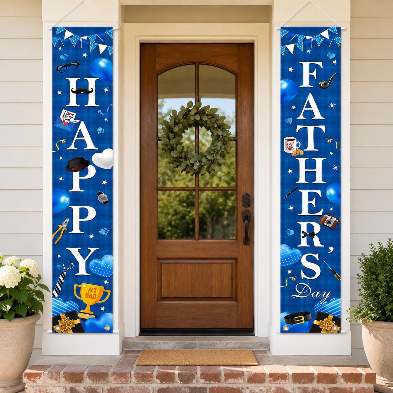Happy Father's Day Porch Banner Set Blue Door Hanging Decorations for Dad Party
