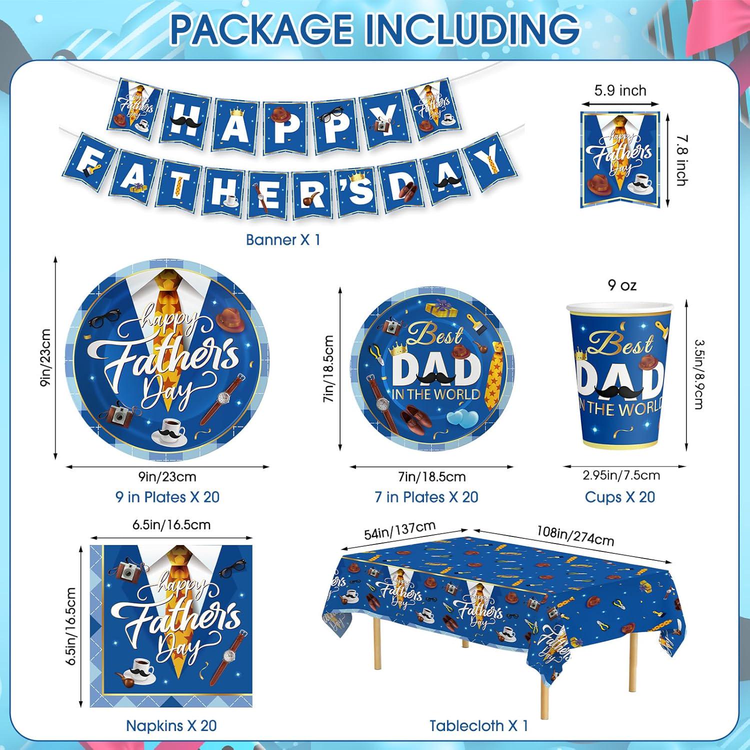 Happy Father's Day Party Supplies Set for 20 Guests – Blue Themed Dinnerware & Banner