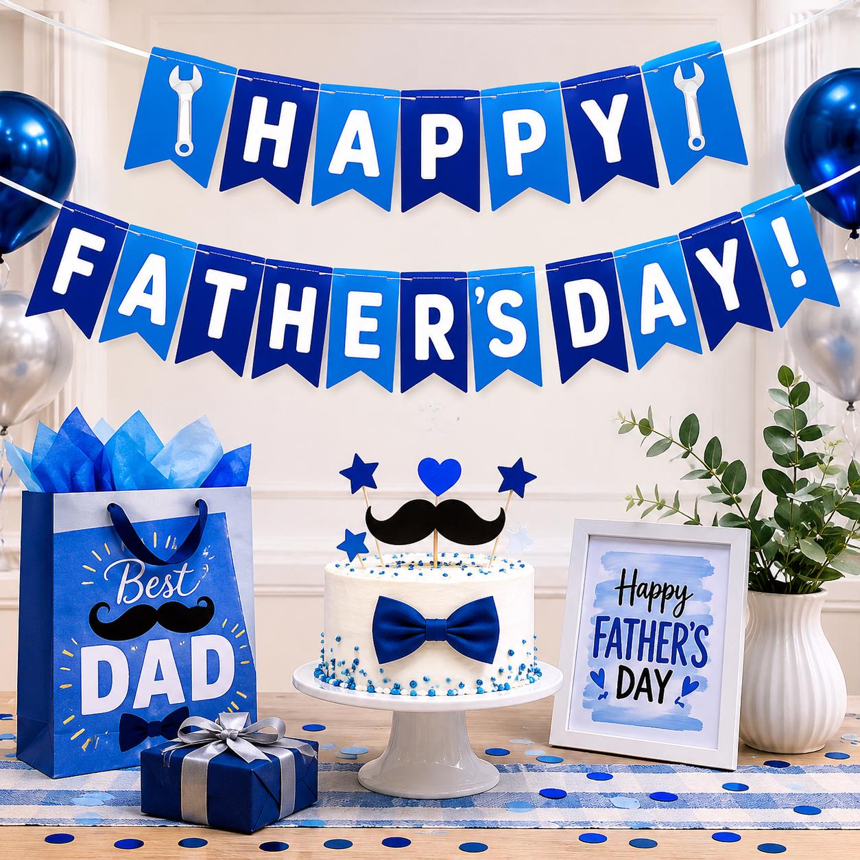 Happy Father's Day Banner Blue Dad Garland with Wrench Design Party Backdrop Decorations